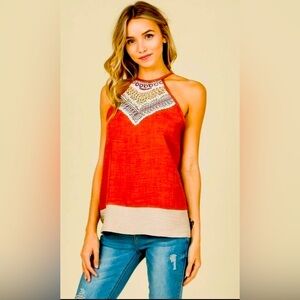 Flying Tomato NWT Red & Cream Embroidered
Halter Top Boho M/L